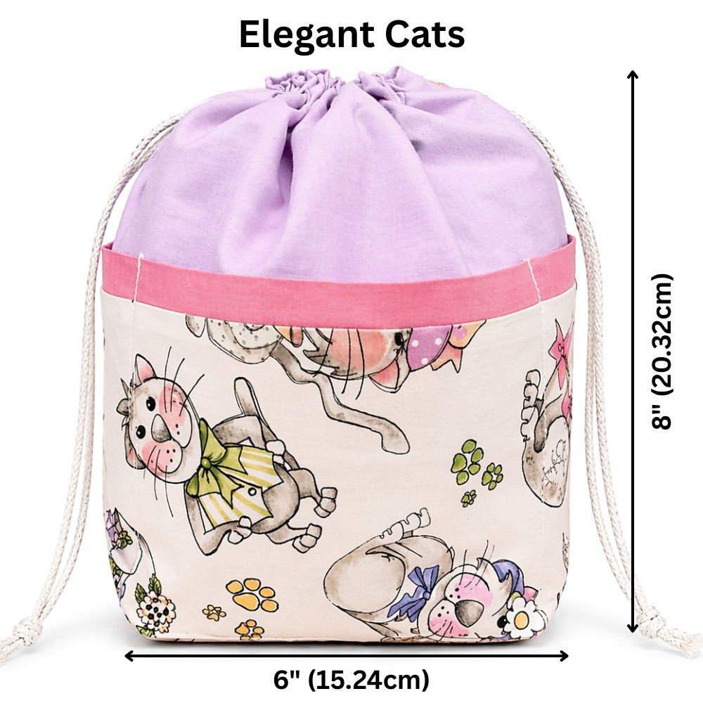 Stylish 9 Pocket Drawstring Project Bag | Elegant Cats