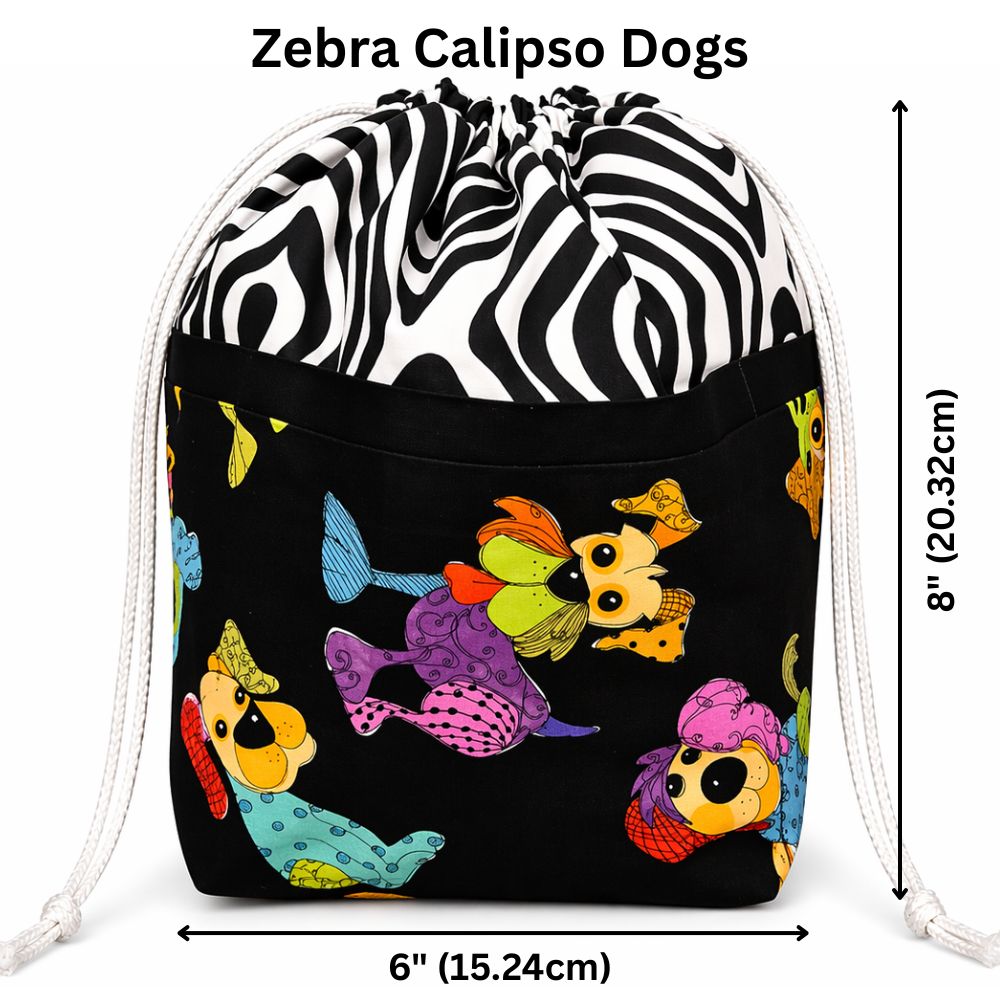Stylish 9 Pocket Drawstring Project Bag | Zebra Calipso Dogs
