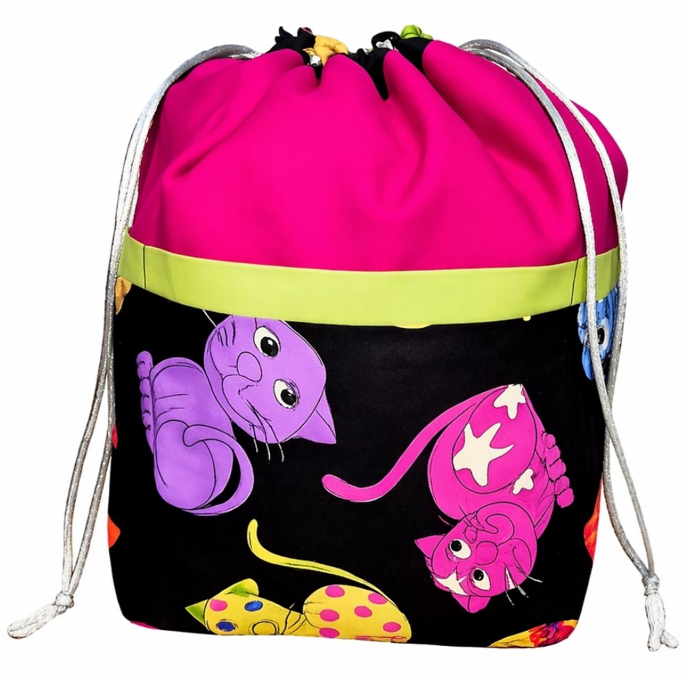 Stylish 9 Pocket Drawstring Project Bag | Black Cool Cats