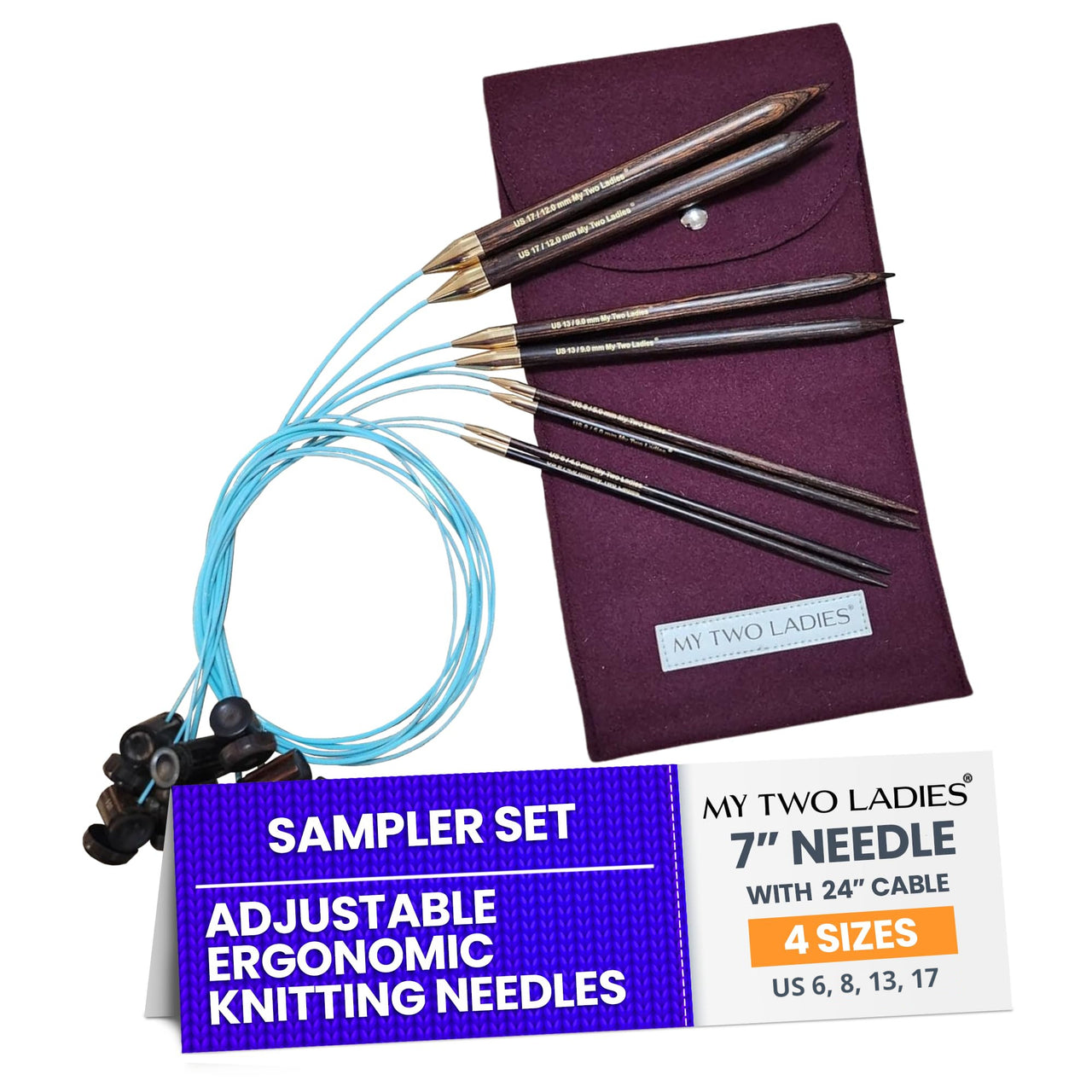 Blue Silk | Sampler Set | Adjustable Knitting Needles | 4 SIZES | US6, US8, US13, US17 | w/custom case