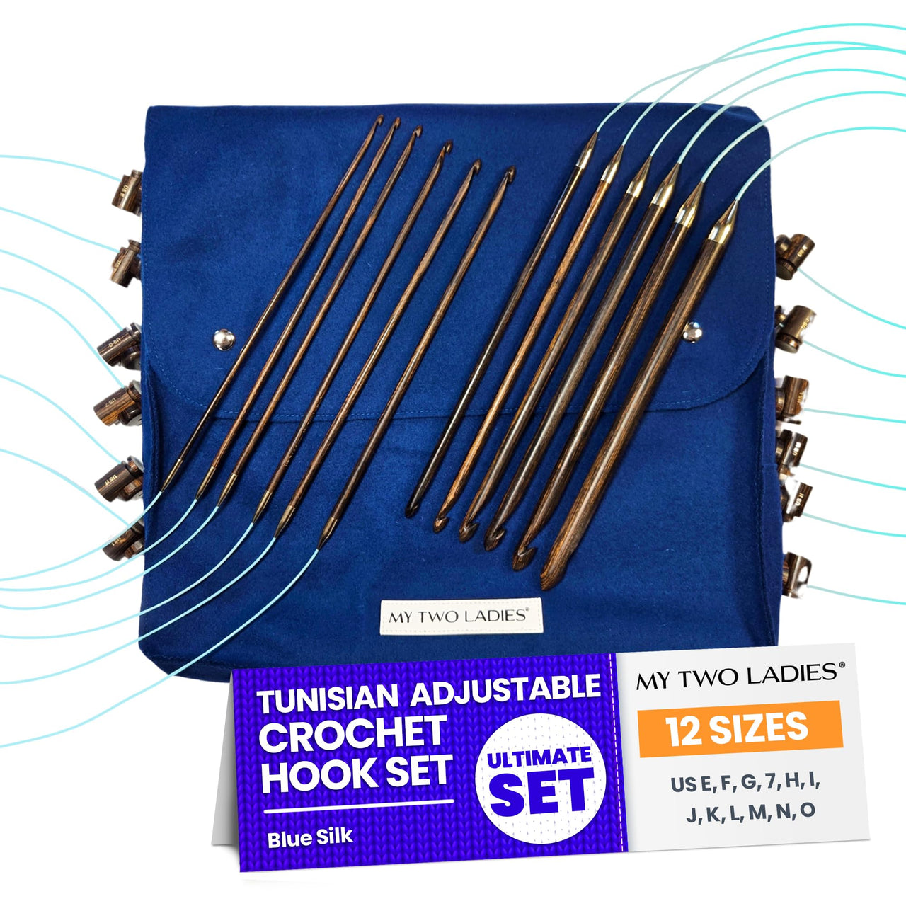 Ultimate Blue Silk Tunisian Adjustable Crochet Hook Set | 12 Sizes | w/custom case