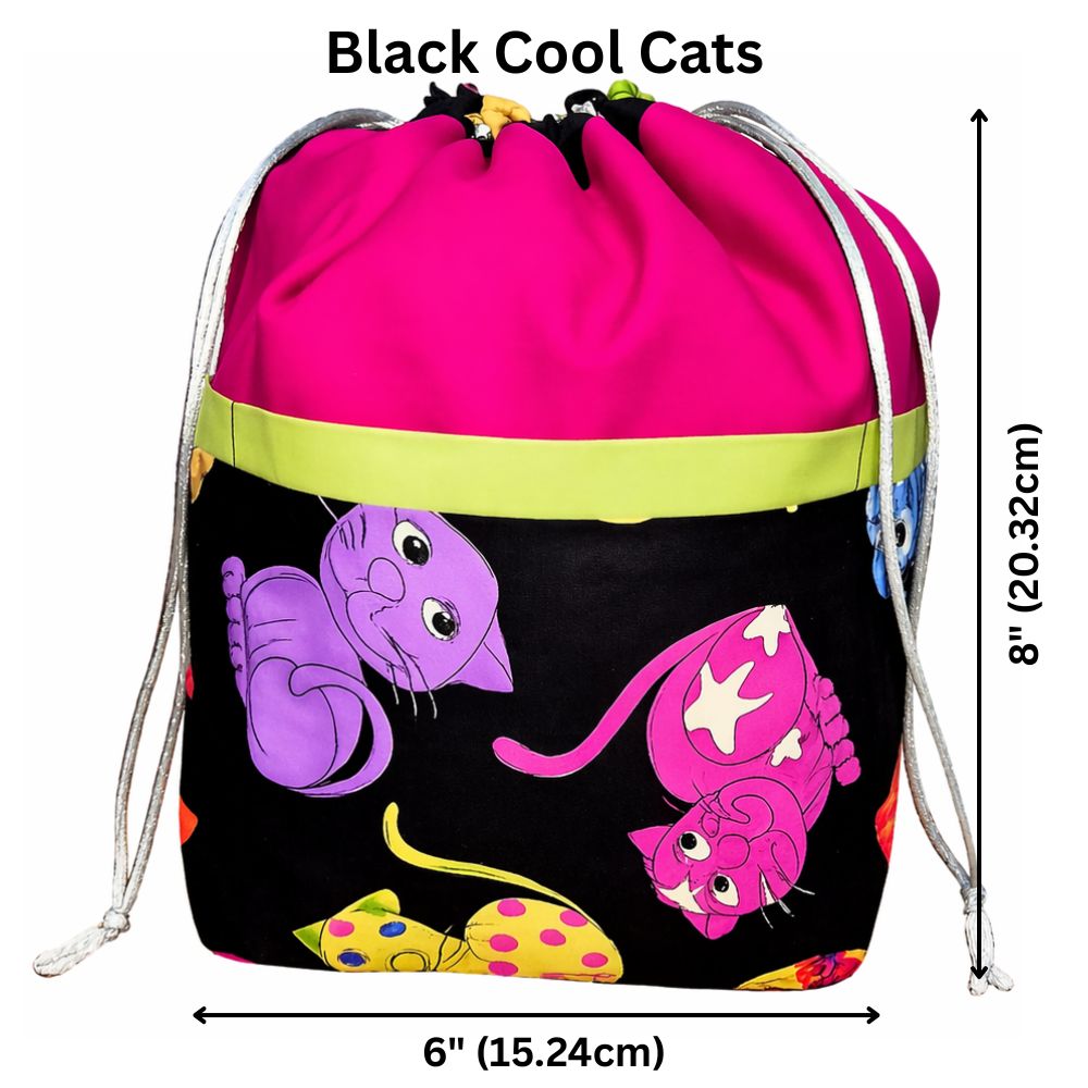 Stylish 9 Pocket Drawstring Project Bag | Black Cool Cats