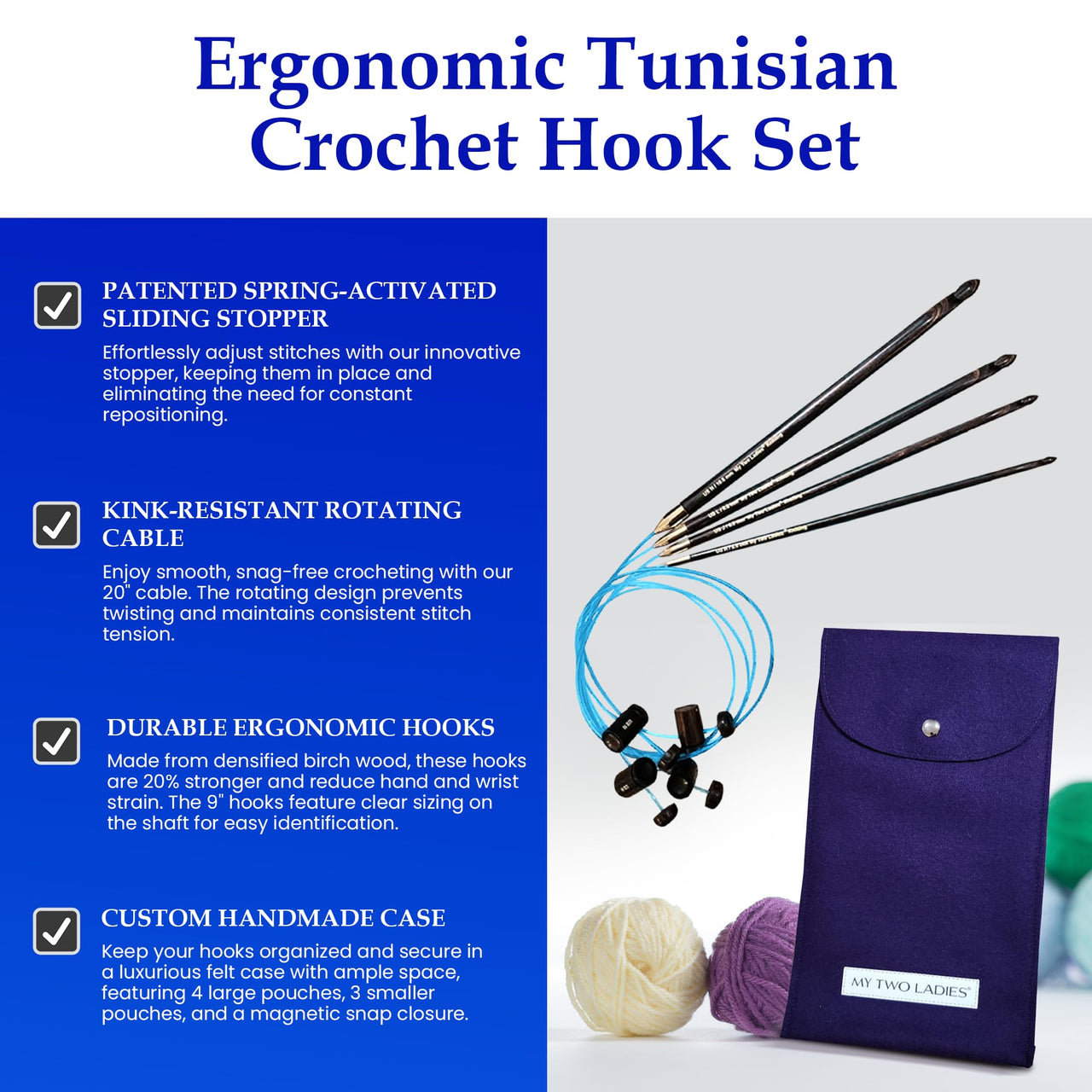 Tunisian Adjustable Crochet Hook Set | 4 SIZES | H, J, L, N | w/custom felt case