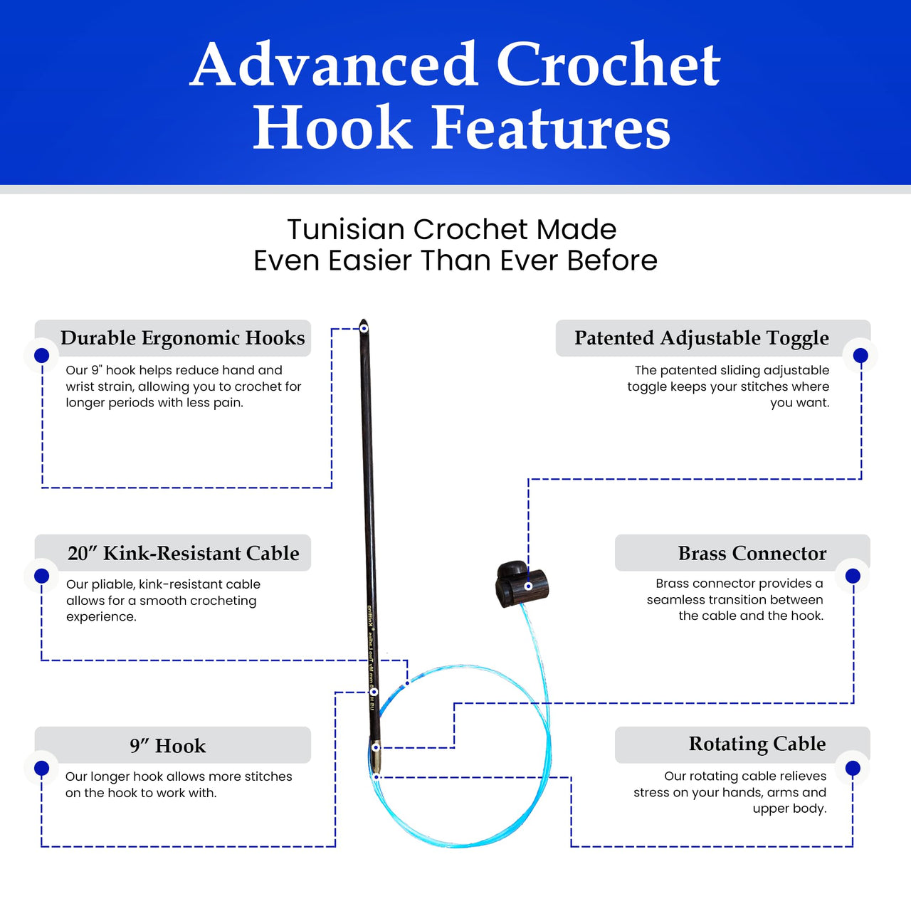 Tunisian Adjustable Crochet Hook Set | 4 SIZES | H, J, L, N | w/custom felt case