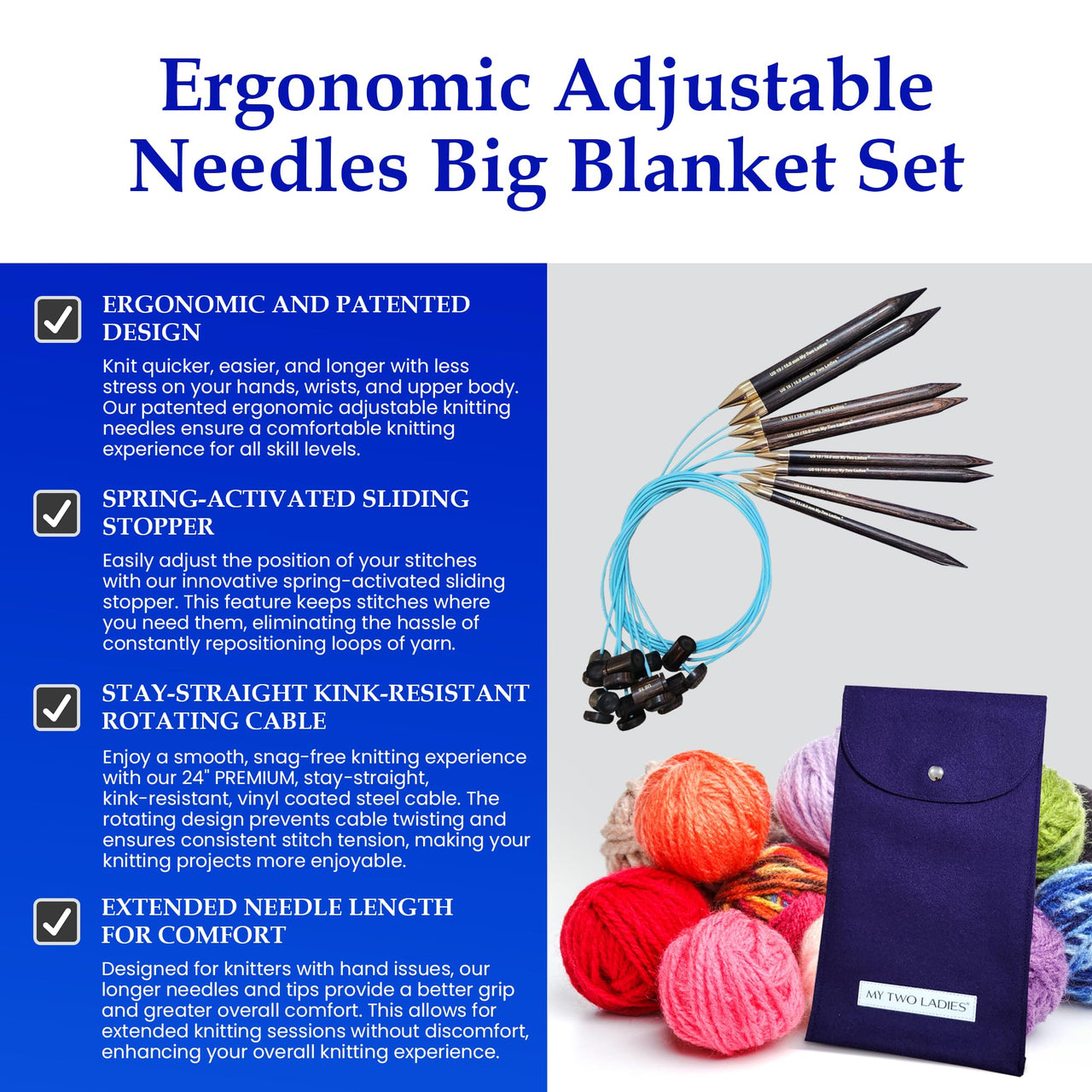 Blue Silk | Big Blanket Set | Adjustable Knitting Needles | 4 SIZES | US13, US15, US17, US19 | w/custom case