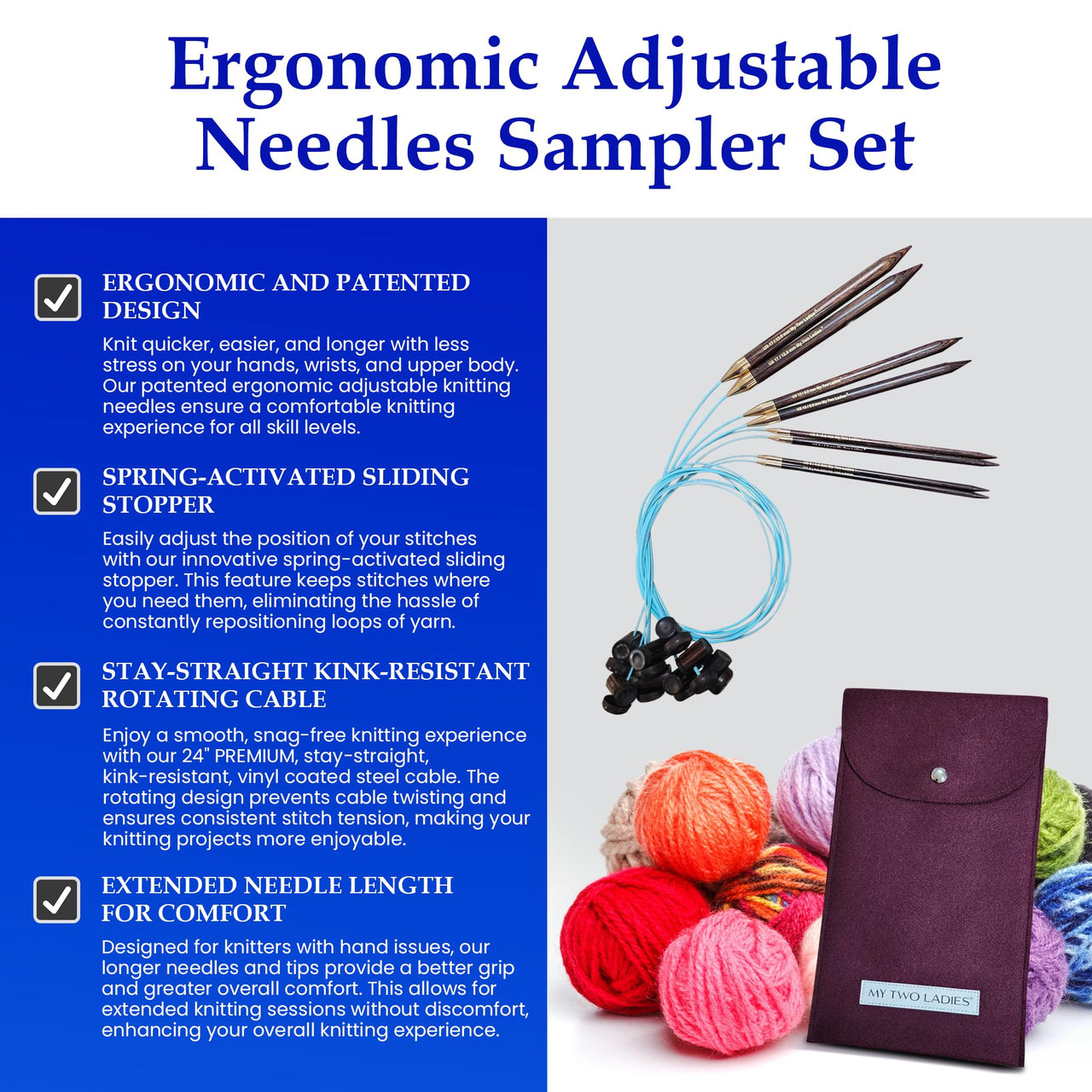 Blue Silk | Sampler Set | Adjustable Knitting Needles | 4 SIZES | US6, US8, US13, US17 | w/custom case