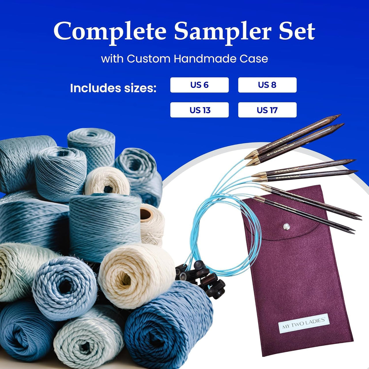 Blue Silk | Sampler Set | Adjustable Knitting Needles | 4 SIZES | US6, US8, US13, US17 | w/custom case