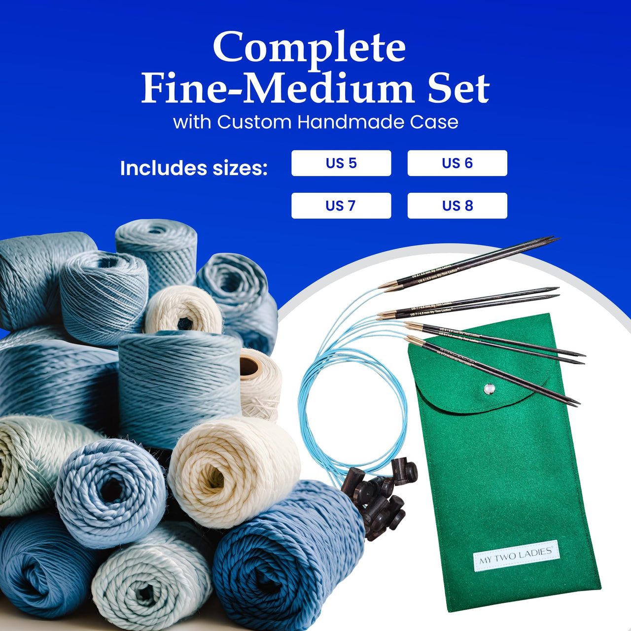 Blue Silk | Fine-Medium Set |  Adjustable Knitting Needles  | 4 SIZES | US5, US6, US7, US8 | w/custom case