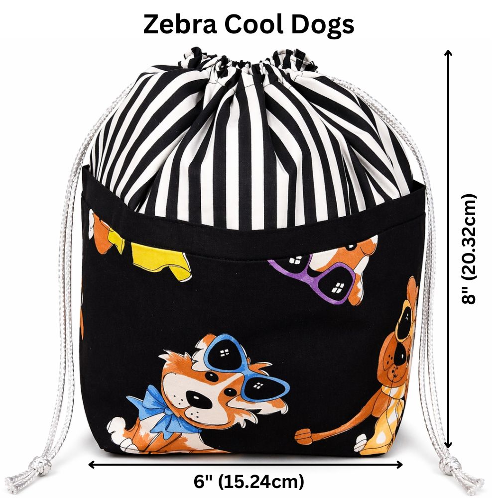 Stylish 9 Pocket Drawstring Project Bag | Zebra Cool Dogs