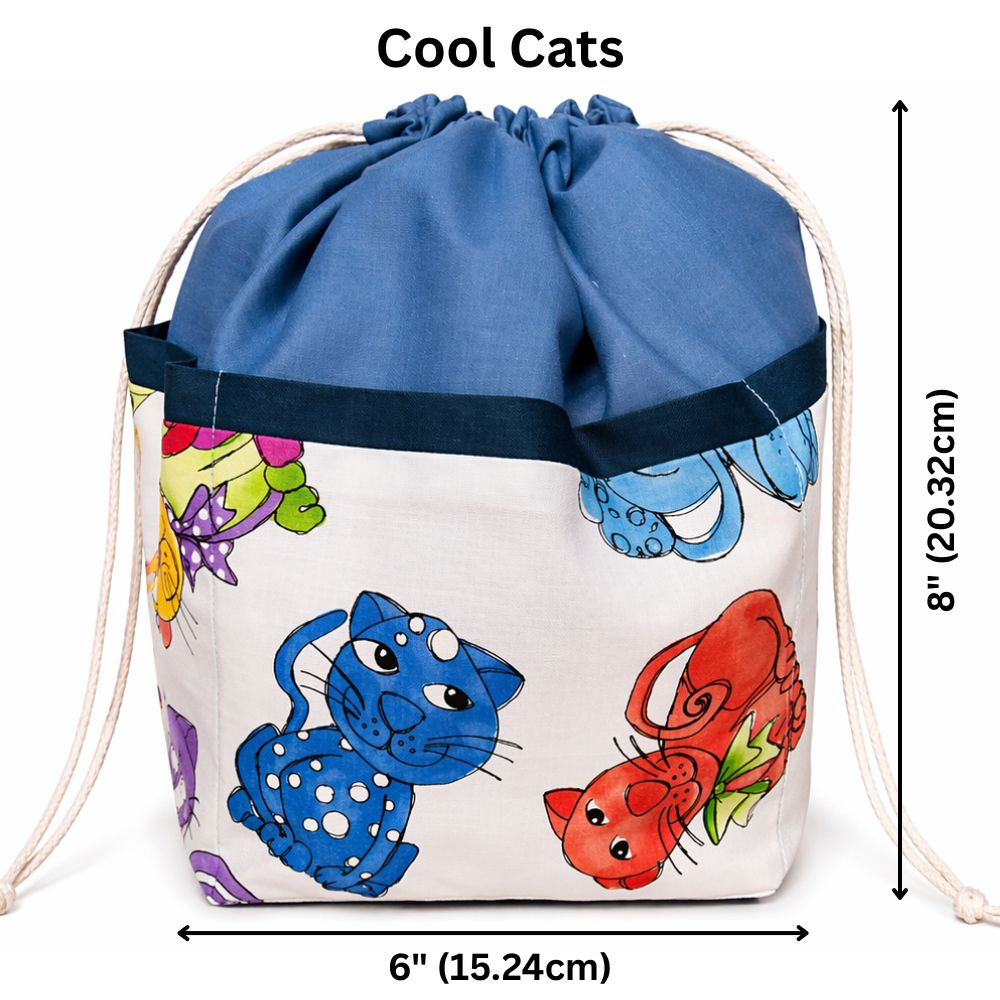 Stylish 9 Pocket Drawstring Project Bag | Cool Cats