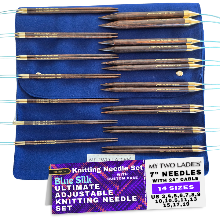 Ultimate Blue Silk Adjustable Knitting Needle Set | 14 Sizes | w