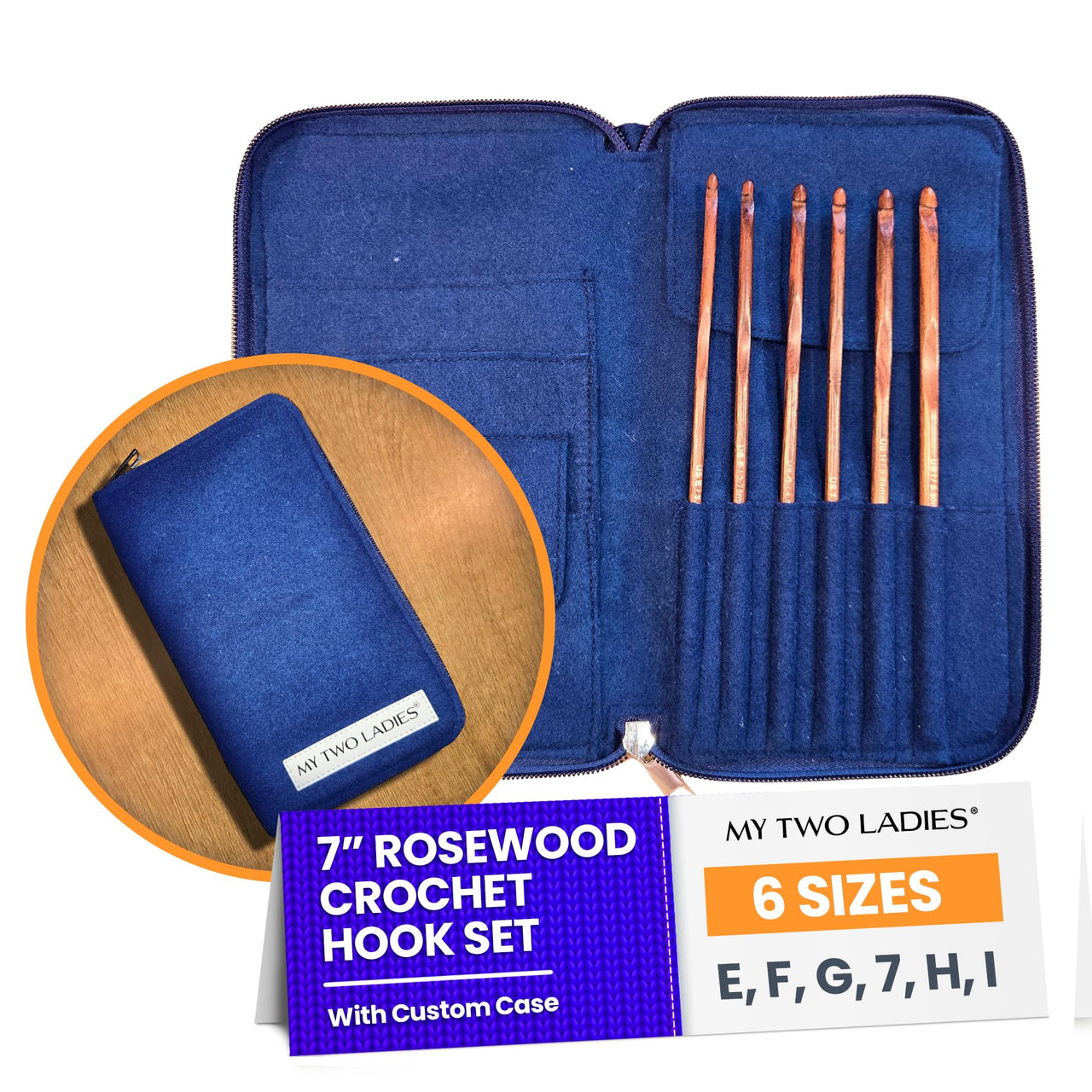 Crochet Hook Set | Rosewood | Sizes E, F, G, 7, H, I | w/custom case