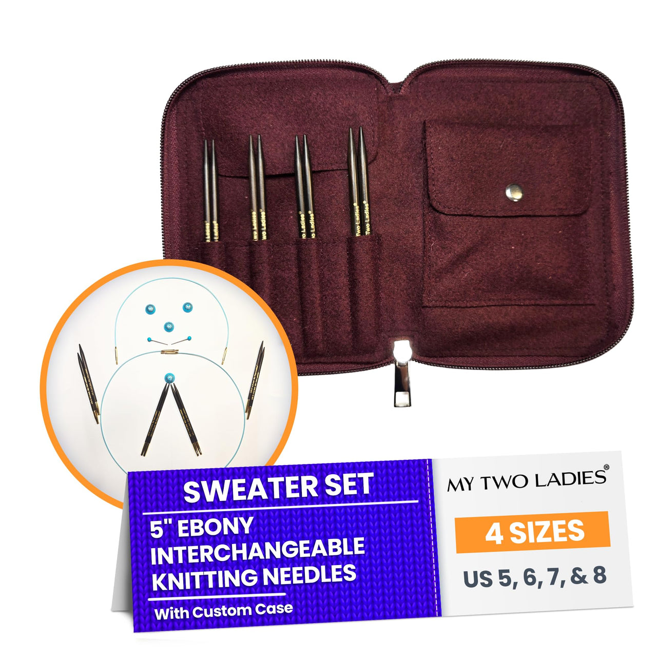 Blue Silk | Sweater Set | 5" Ebony Interchangeable Knitting Needles | 4 Sizes | w/custom case