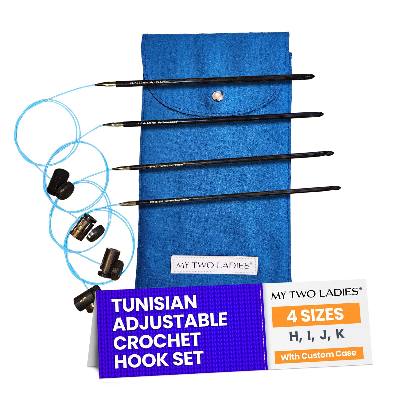 Blue Silk | Tunisian Adjustable Crochet Hook Set | 4 Sizes | H, I, J, K | w/custom case